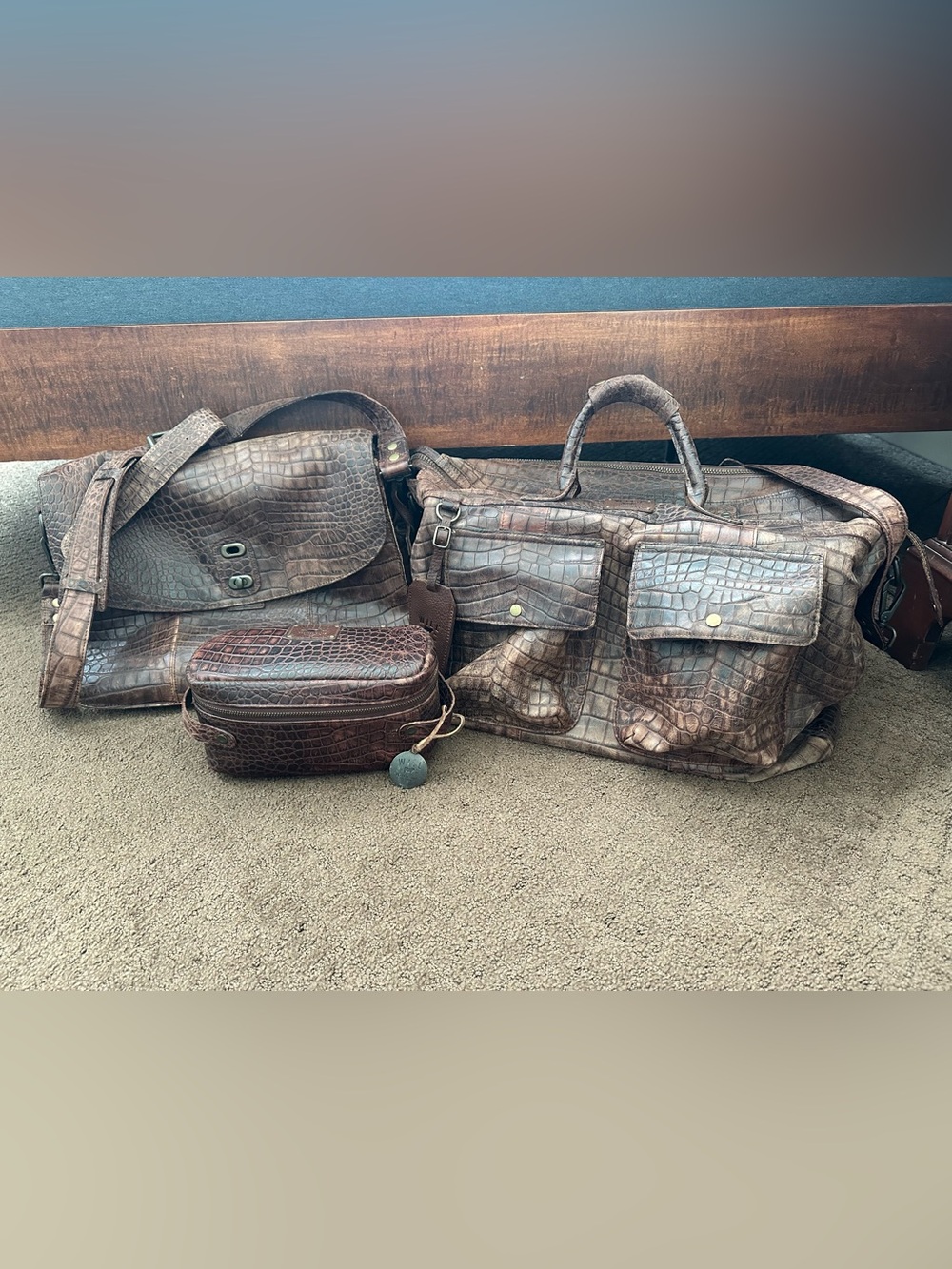 Will Leather Goods 3 Piece Croc-Embossed Leather  Set Duffle Briefcase Dopp Kit